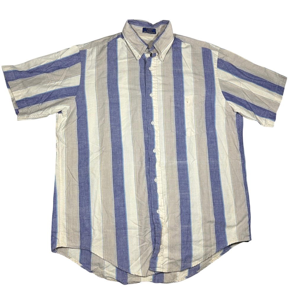 Vintage Cottage Cotton Mens L Blue Tan Striped Short Sleeve Button Down Shirt